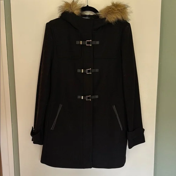 Cole Haan Black Pea Coat with Faux Fur Hood - Picture 1 of 9